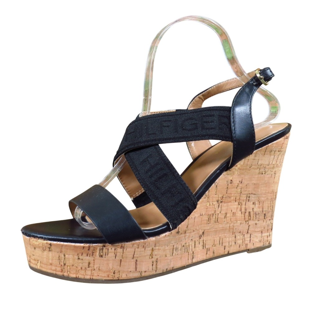 Tommy Hilfiger Kezno Womens Wedge Sandals Size 9.5 Summer Casual Black Cork